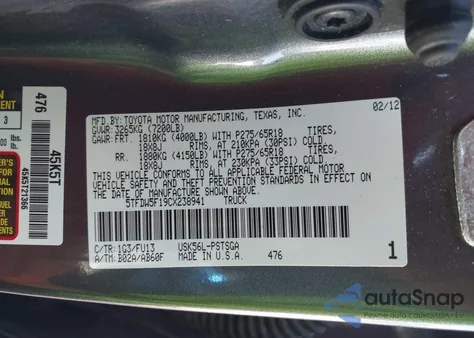 2012 Toyota Tundra Grade 5.7L V8 из США, поврежденный, VIN 5TFDW5F19CX238941